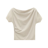 Diagonal Off-Shoulder Neck Side Tuck T-Shirt