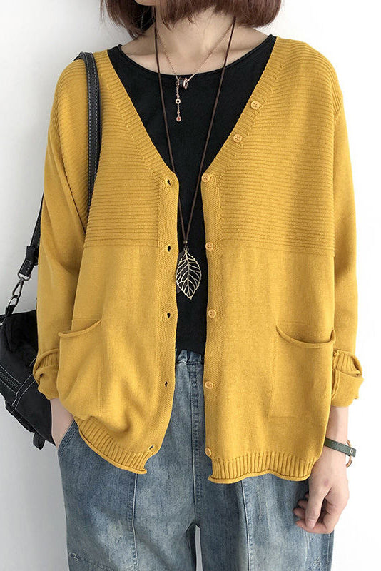 V-Neck Rib Knit Cardigan with Contrast - 5 Colors Available - liwisi