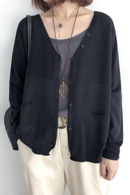 V-Neck Rib Knit Cardigan with Contrast - 5 Colors Available - liwisi