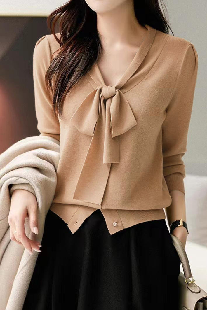 V-Neck Ribbon Tie Wool-Like Knit - 5 Colors Available - liwisi