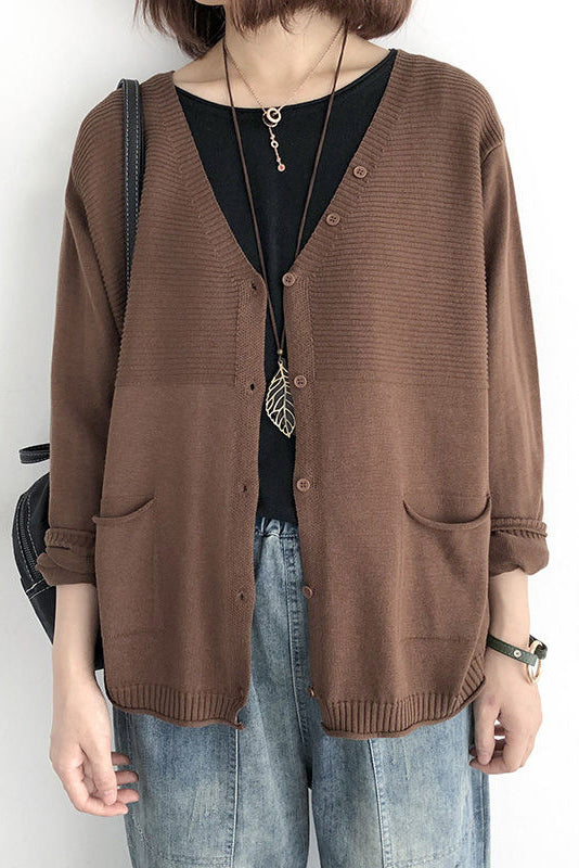V-Neck Rib Knit Cardigan with Contrast - 5 Colors Available - liwisi