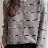 Elegant French Crew Neck Striped Long-Sleeve Knit Cardigan