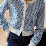 French Date Crew Neck Jacquard Long Sleeve Knit Cardigan