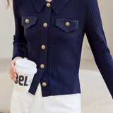 Elegant Ribbed Trim Flap Pocket Knit Cardigan