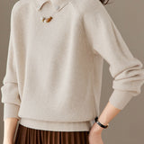 Elegant Pearl Lapel Raglan Sleeve Knit Sweater