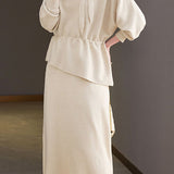 Elegant Round Neck Tie Long Sleeve Knit Top & Elastic Waist Midi Skirt Set
