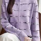 Elegant French Crew Neck Striped Long-Sleeve Knit Cardigan