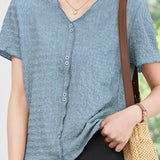 Delicate Textured Crinkle V-neck Short Sleeve Blouse