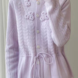 Gentle Knit Cardigan With Small Stand Collar And 3D Floral Ornaments