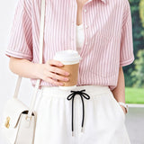 Casual Striped Patch Pocket Pure Cotton Shirt And Knit Shawl Two‑Piece Set
