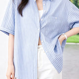 Casual Striped Patch Pocket Pure Cotton Shirt And Knit Shawl Two‑Piece Set