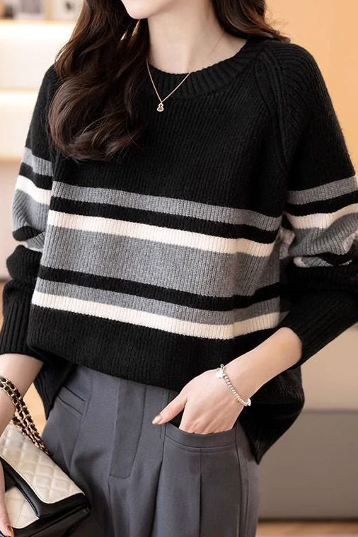 Casual Color-Block Striped Knitted Pullover Sweater - liwisi