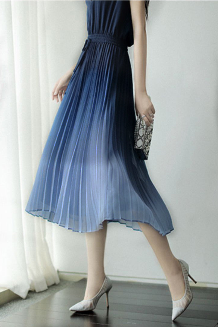 Key Neck Ombre Pleated Dress with Lining - 3 Colors Available - liwisi