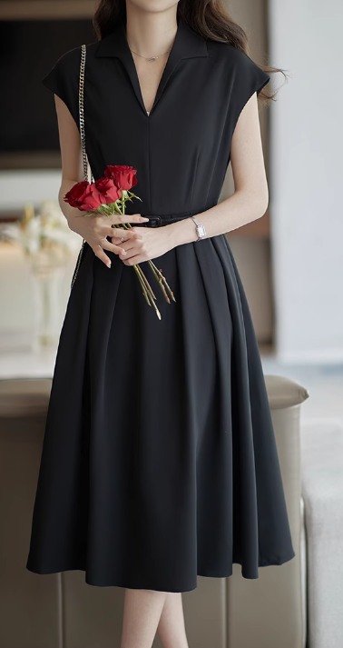 belted flare dress Linen Flare Dress, Boat-Neckline, Belted, Kimono Sleeve, Knee-Length, Pockets