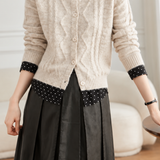 Elegant Fake Two-Piece Color Block Polka Dot Lapel Long Sleeve Knit Cardigan