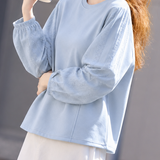 Casual Round Neck Sweatshirt With Embroidered Lantern Sleeves