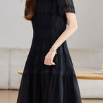 Elegant Textured Short Sleeve High Waist Dress - liwisi