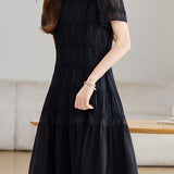 Elegant Textured Short Sleeve High Waist Dress - liwisi