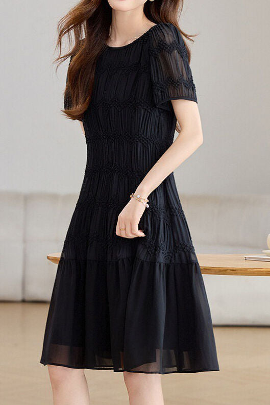 Elegant Textured Short Sleeve High Waist Dress - liwisi