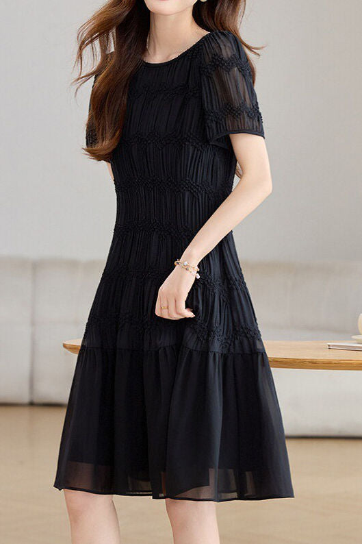 Elegant Textured Short Sleeve High Waist Dress - liwisi