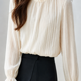 French‑Style Elegant Ruffled Stand Collar Vertical Texture Long‑Sleeve Shirt