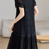 Elegant Textured Short Sleeve High Waist Dress - liwisi