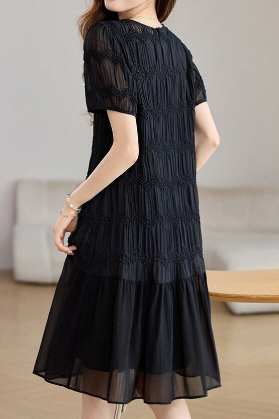 Elegant Textured Short Sleeve High Waist Dress - liwisi