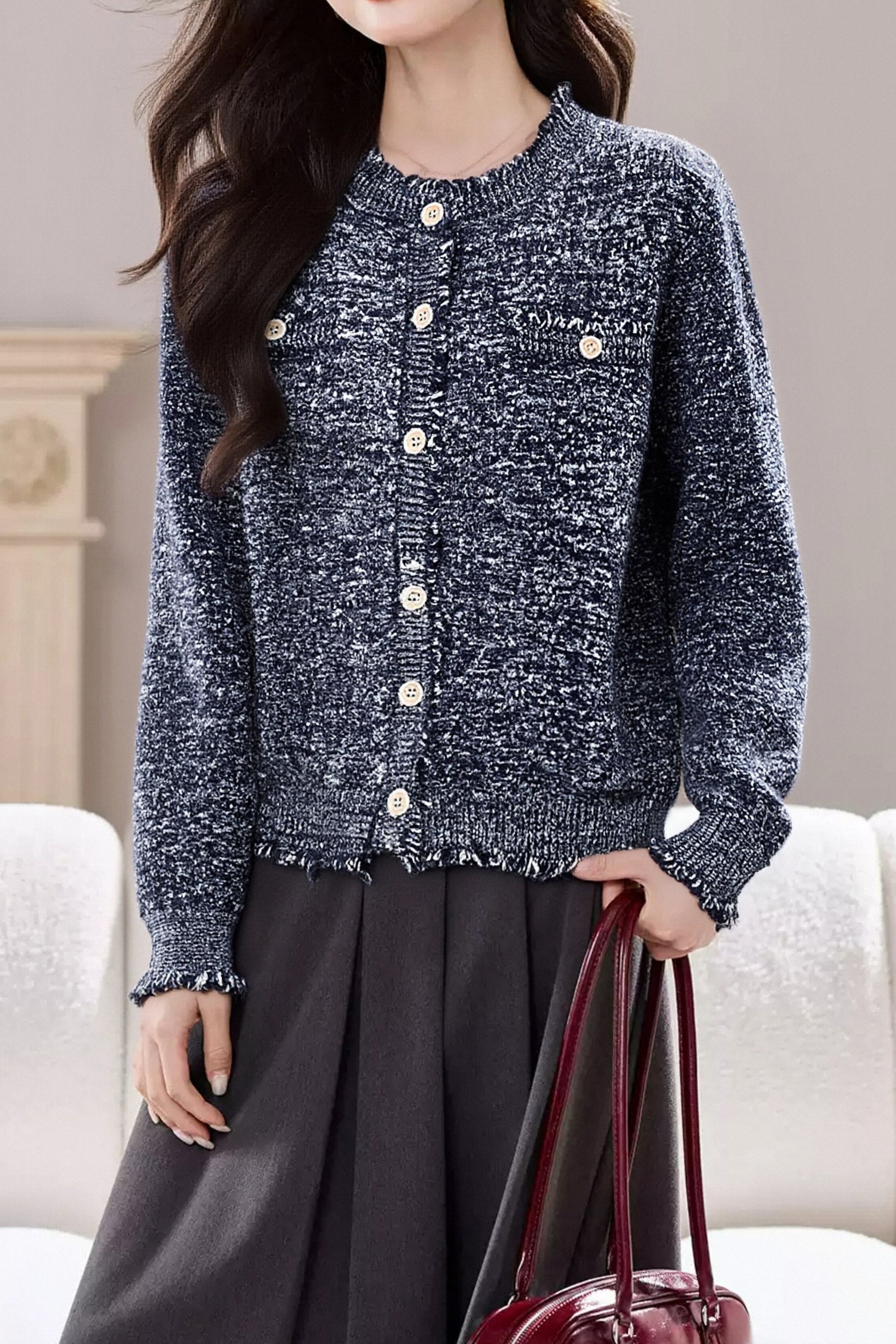 Casual Slub Yarn Frayed-Edge Knitted Cardigan - liwisi