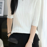 Casual Floral Embossed Vertical Stripe Crew Neck Knit Top
