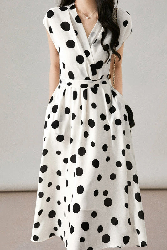 Polka Dot V-Neck Tied Dress - liwisi