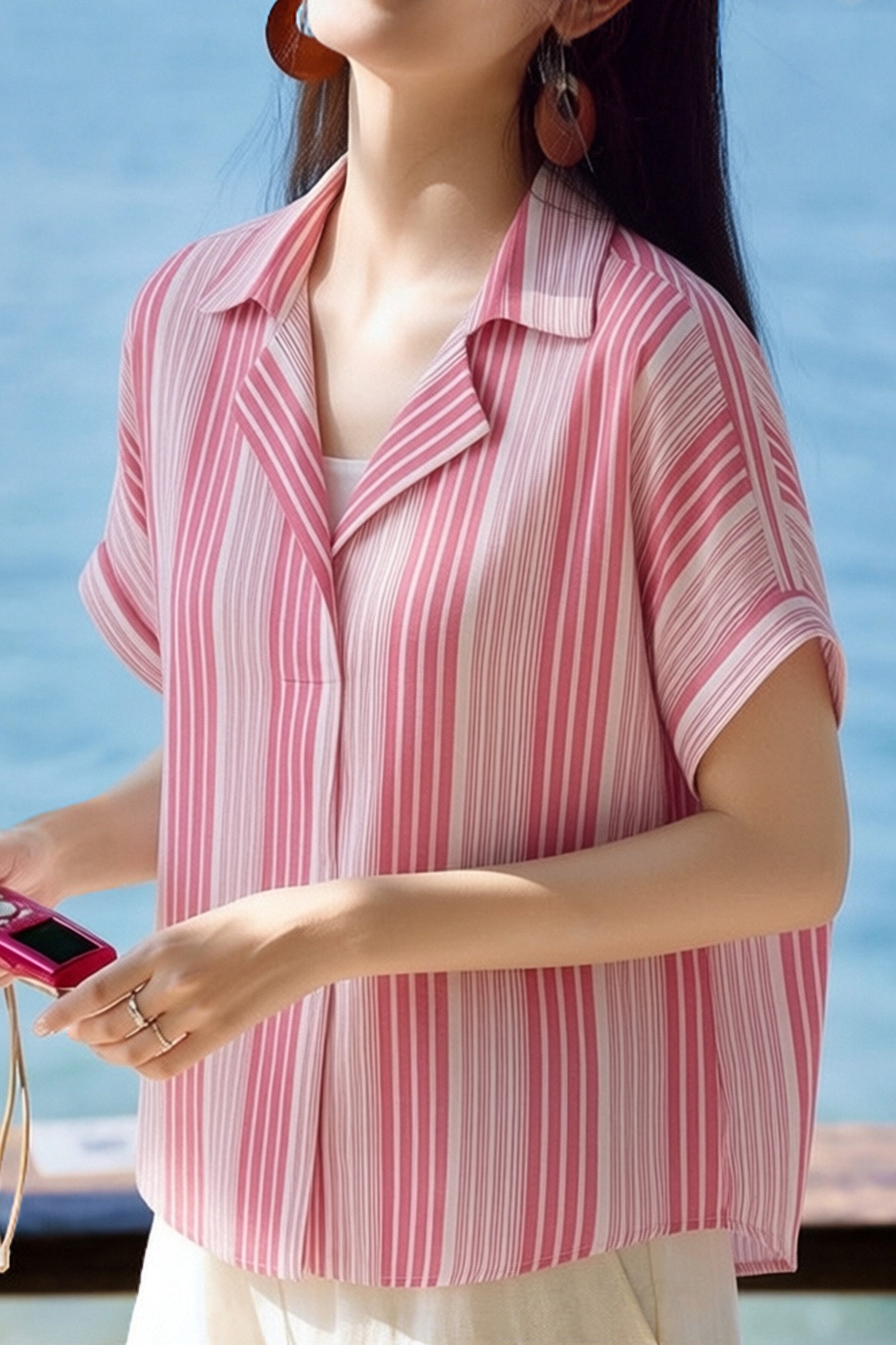 Casual Half Placket V-Neck Short Sleeve Shirt - liwisi