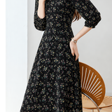 Exquisite Commuter V‑Neck Floral‑Print Long‑Sleeve Dress