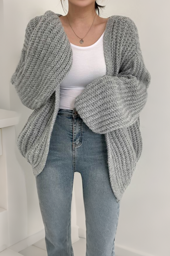 Loose Fit Solid Color Lantern Sleeve Cardigan - liwisi