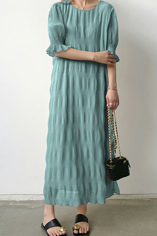 ラウンドネックマジョリカプリーツロングワンピース　裏地付　4色入 - liwisi