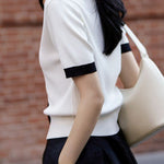 Chic versatile retro color-blocked short sleeve T-shirt - liwisi