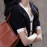Chic versatile retro color-blocked short sleeve T-shirt - liwisi