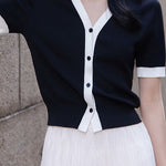 Chic versatile retro color-blocked short sleeve T-shirt - liwisi