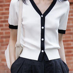 Chic versatile retro color-blocked short sleeve T-shirt - liwisi