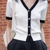 Chic versatile retro color-blocked short sleeve T-shirt - liwisi