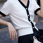 Chic versatile retro color-blocked short sleeve T-shirt - liwisi