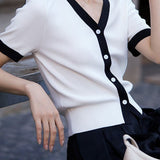 Chic versatile retro color-blocked short sleeve T-shirt - liwisi