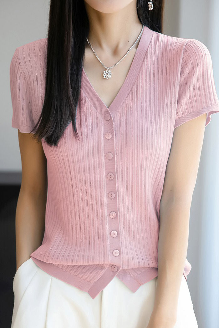 Versatile knit short sleeve T-shirt - liwisi