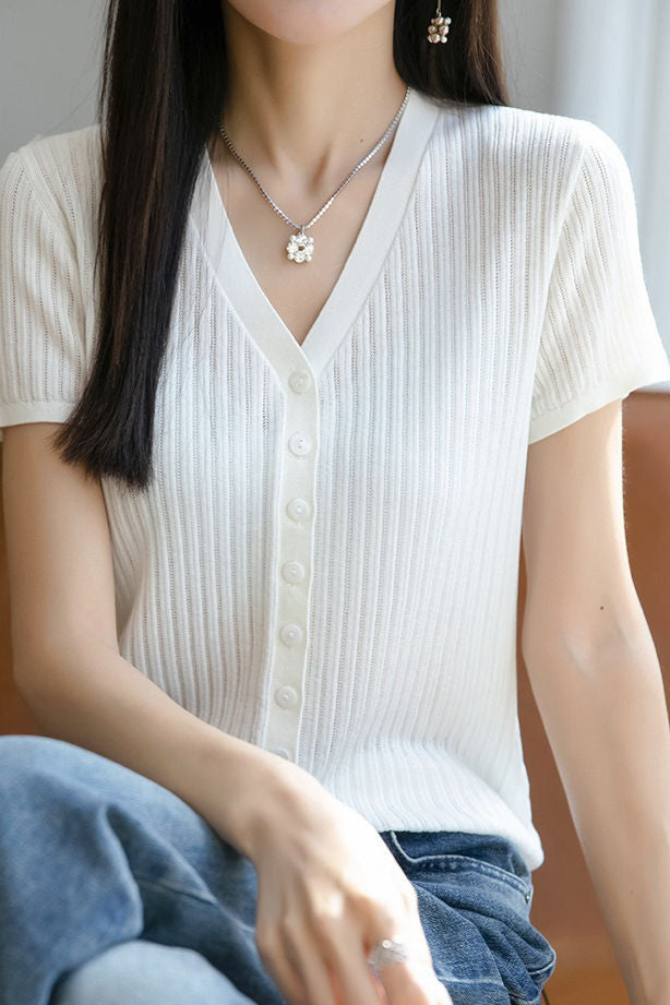 Versatile knit short sleeve T-shirt - liwisi
