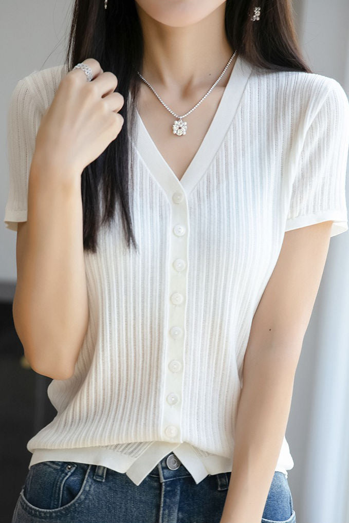 Versatile knit short sleeve T-shirt - liwisi