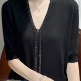 Loose-fitting versatile knit short sleeve T-shirt - liwisi