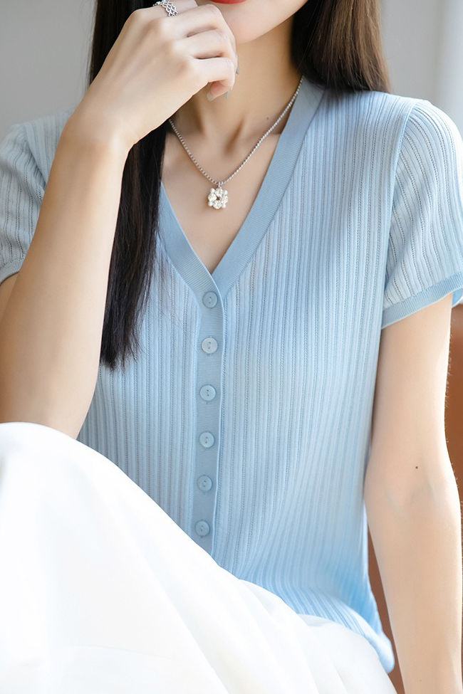 Versatile knit short sleeve T-shirt - liwisi