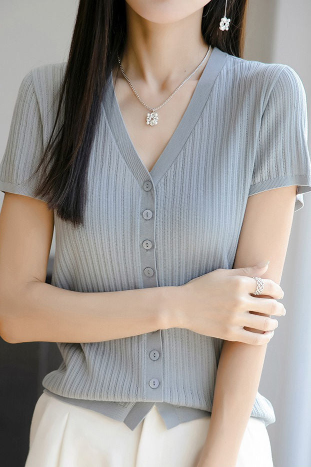 Versatile knit short sleeve T-shirt - liwisi