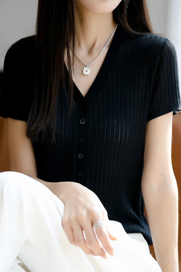 Versatile knit short sleeve T-shirt - liwisi