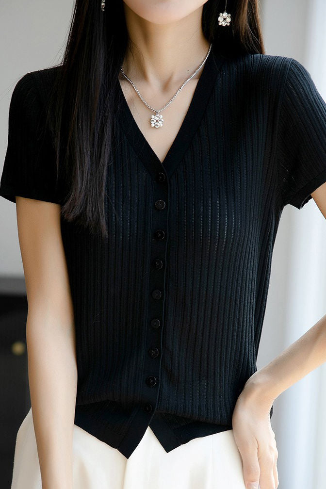 Versatile knit short sleeve T-shirt - liwisi
