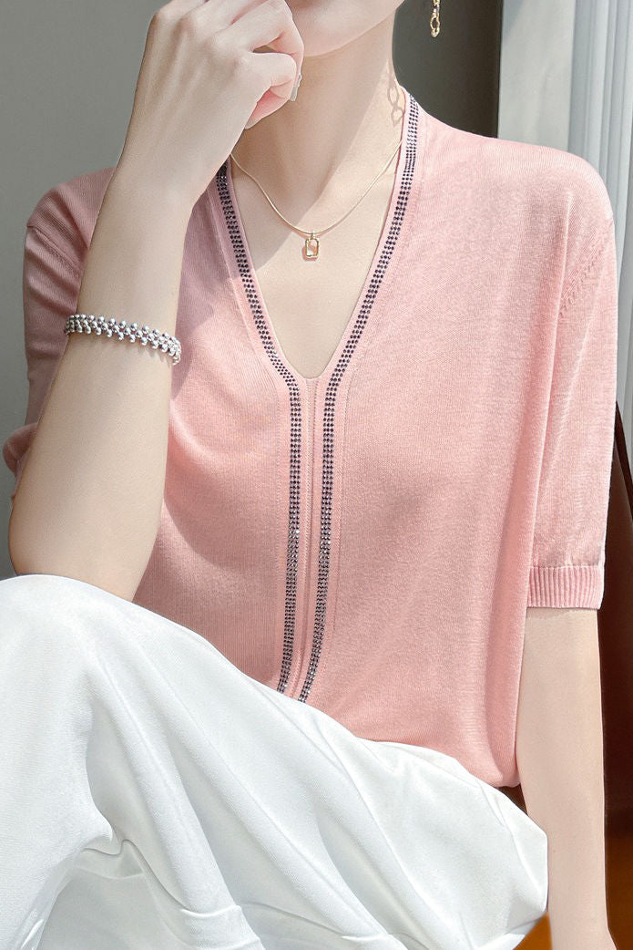 Loose-fitting versatile knit short sleeve T-shirt - liwisi
